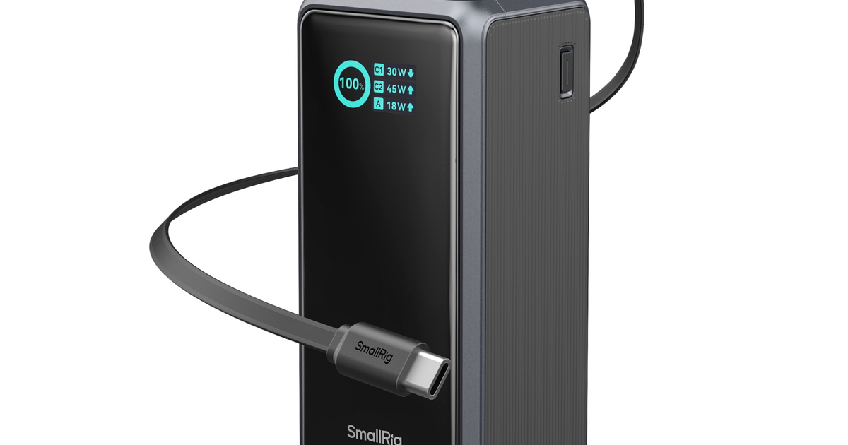Arte oficial SmallRig dos power banks Nano36 e Nano72 com cabo USB-C retrátil e placa V-mount