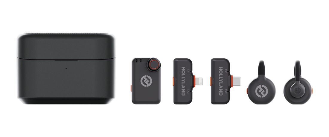 Componentes Hollyland Lark M2S (case, RX câmera, RX Lightning, RX USB-C e transmissores) em fundo claro